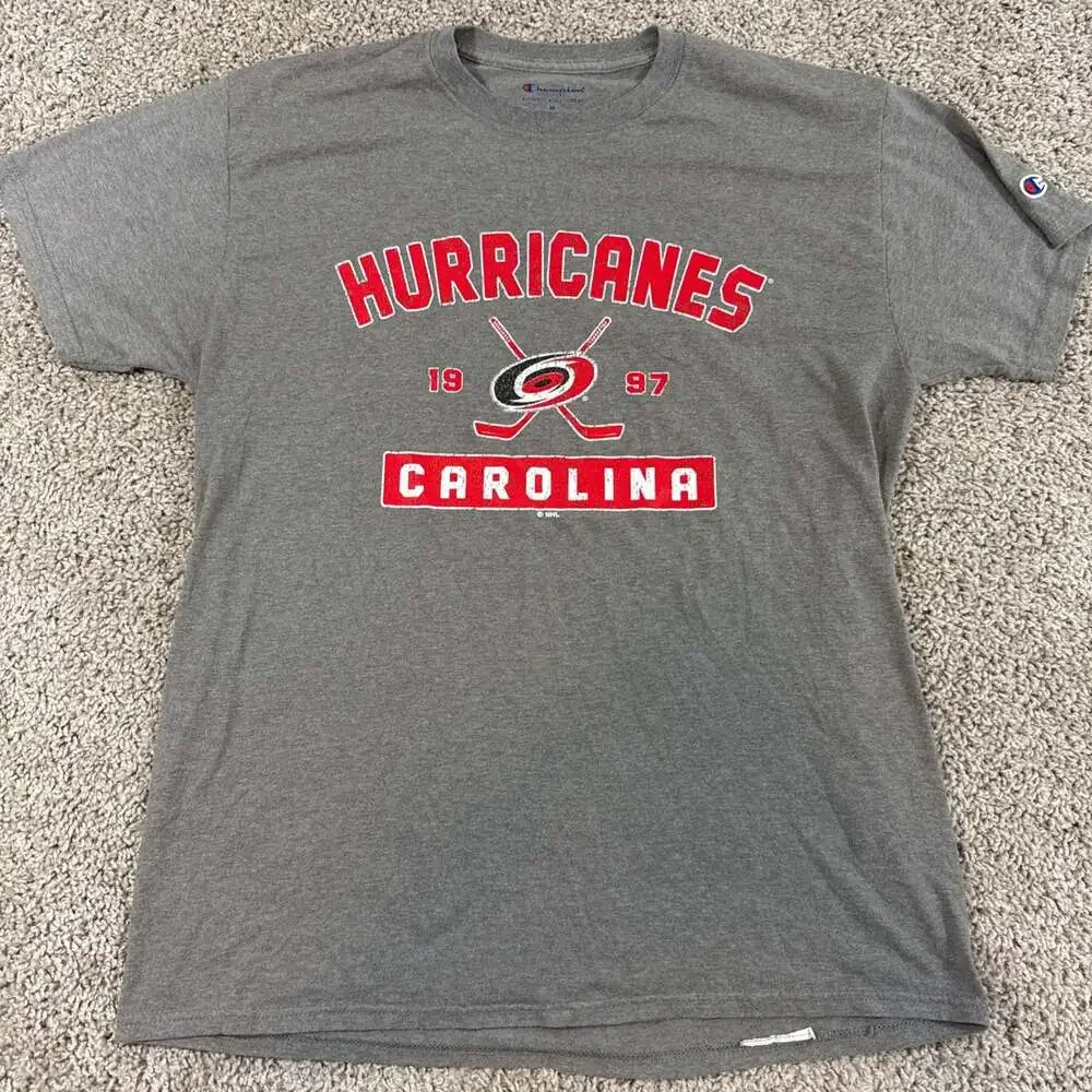 Champion Carolina Hurricanes NHL Graphic T Shirt Mens Medium Gray Hockey Tee EUC - Picture 1 of 6